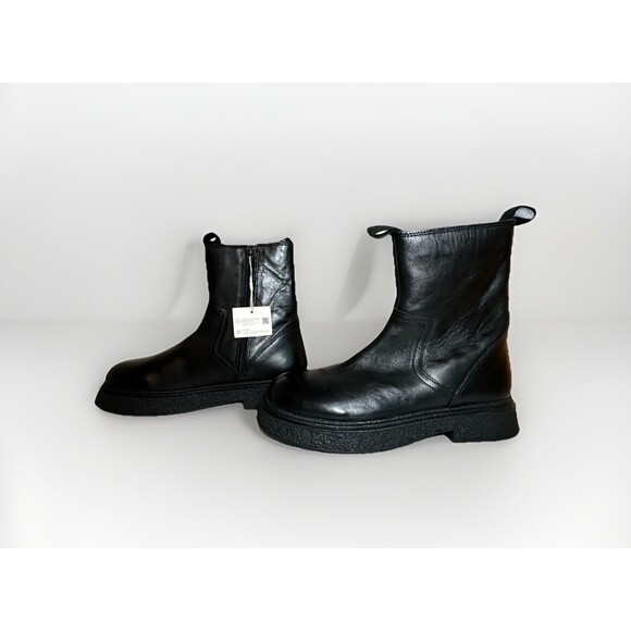 ZARA Women's Black Leather Zip Up Chunky Ankle Boots‎ Combat Moto US 7 EU 37 - Picture 2 of 13